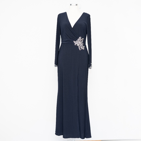 Betsy & Adam - Jersey Embellished Long-Sleeve Gown - Picture 2 of 13